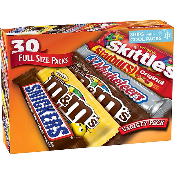 Mars M&M'S, SNICKERS, 3 MUSKETEERS, SKITTLES & STARBURST Variety Pack Full Size Bulk Candy Assortment, 56.11 oz, 30 Count 56.11 Ounce (Pack of 1)