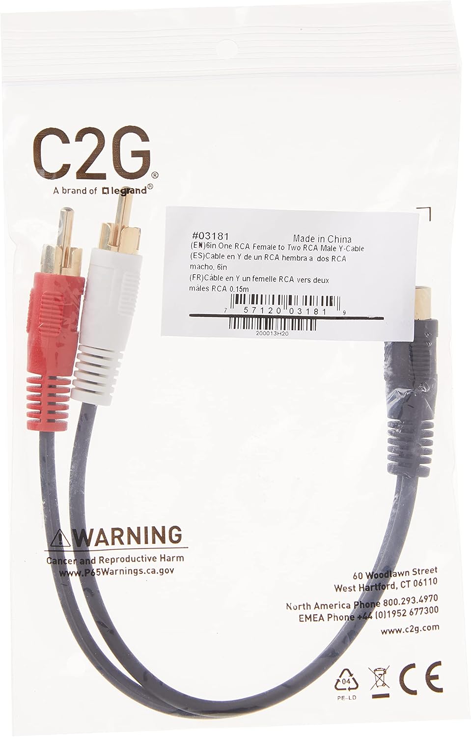 C2G Legrand RCA Female to Two RCA Male Signal Splitter Cable, Black RCA to RCA Splitter, 6 Inch Audio Stereo Y-Cable