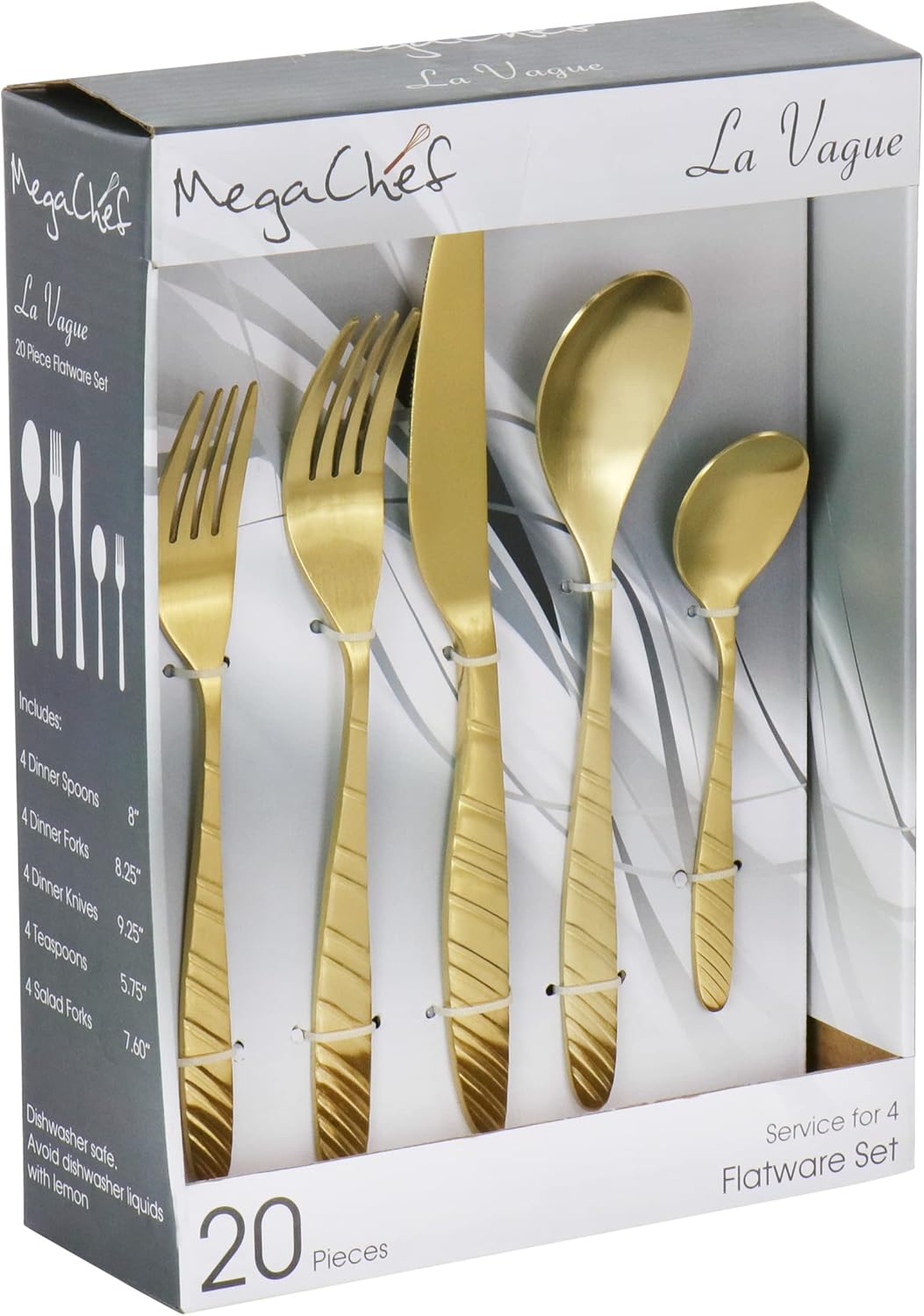 MegaChef La Vague 20 Piece Flatware Utensil Set, Stainless Steel Silverware Metal Service for 4 in Matte Gold
