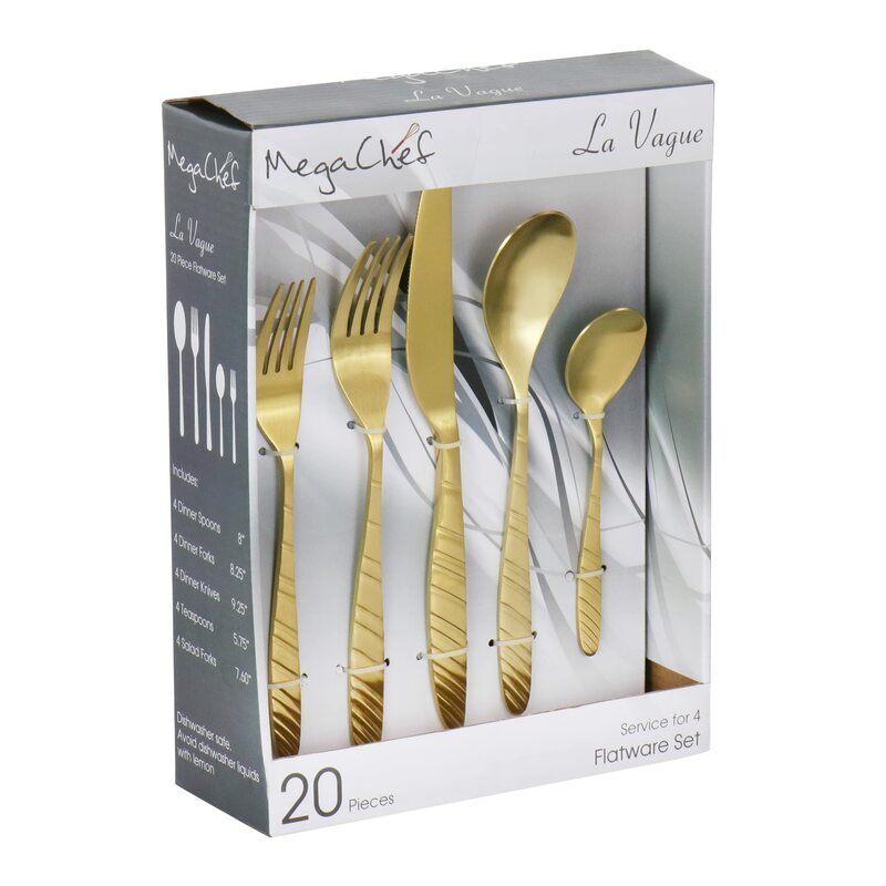 MegaChef La Vague 20 Piece Flatware Utensil Set, Stainless Steel Silverware Metal Service for 4 in Matte Gold