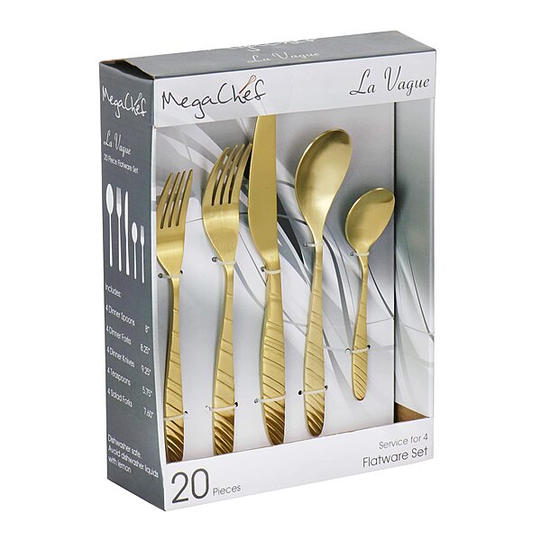MegaChef La Vague 20 Piece Flatware Utensil Set, Stainless Steel Silverware Metal Service for 4 in Matte Gold