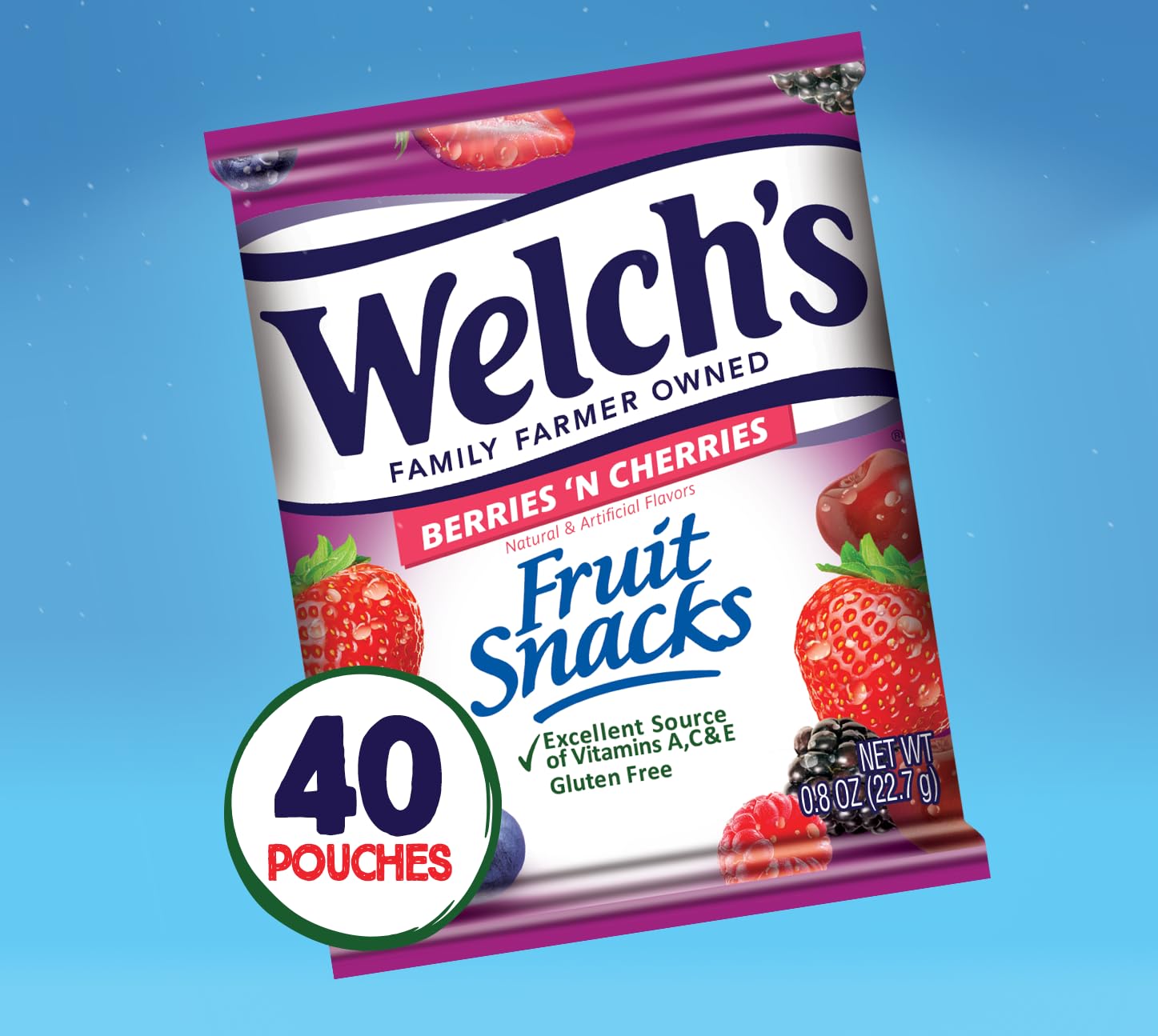 Welch's Fruit Snacks, Berries 'N Cherries, Individual Single Serve Bags, 0.8 oz (Pack of 40)