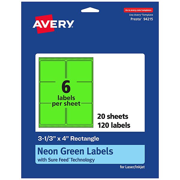 Avery Printable Rectangle Labels, Sure Feed Technology, 3-1/3" x 4", Neon Green, Laser/Inkjet Printable