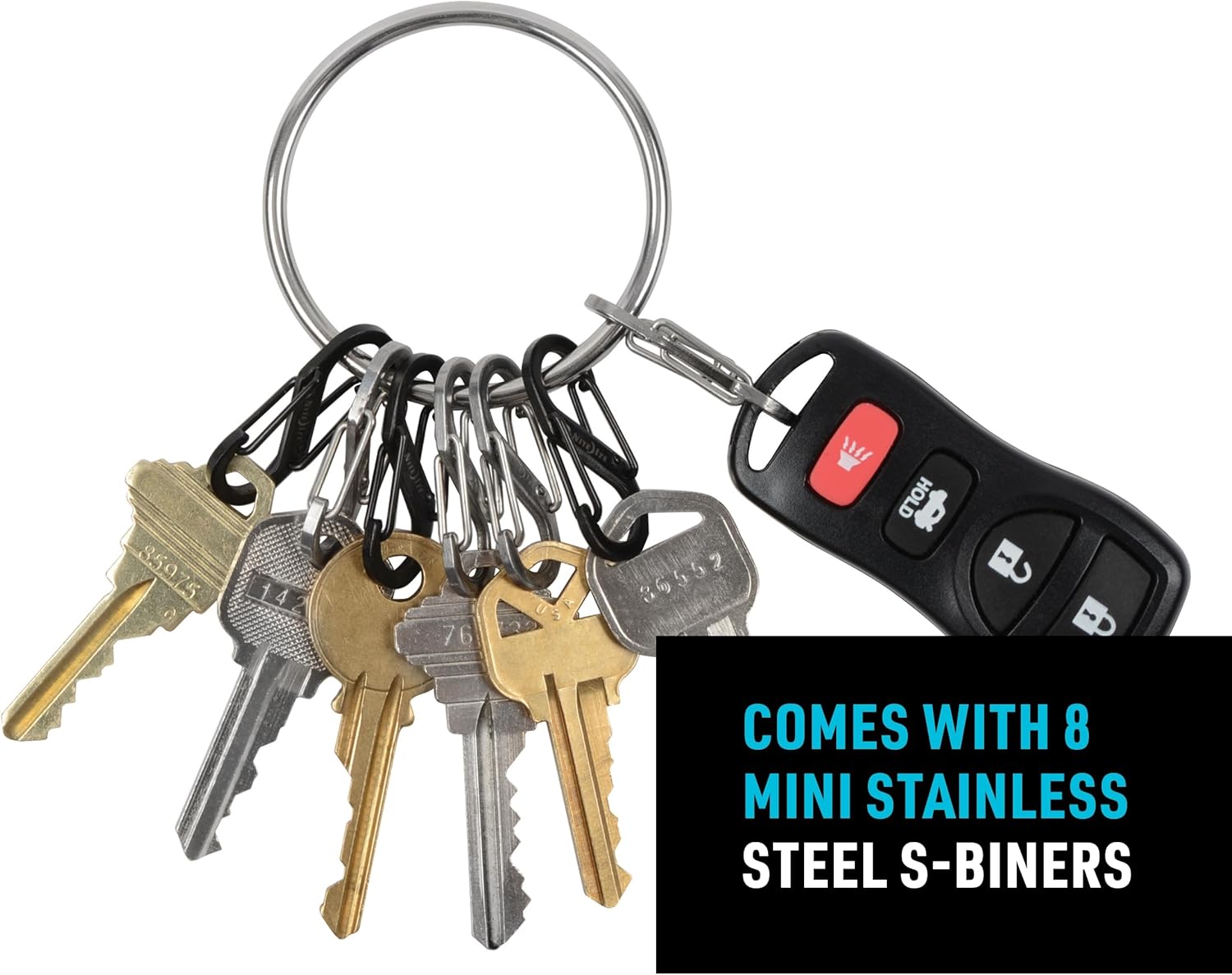 Nite Ize BigRing Steel S-Biner - Key Holder with Carabiners - Heavy-Duty Organizer with Black & Stainless Steel S-Biners