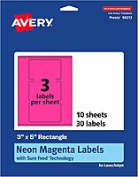 AVERY Printable Rectangle Labels, Sure Feed Technology, 3" x 5", Neon Magenta, Print-to-The-Edge, Laser/Inkjet Printable