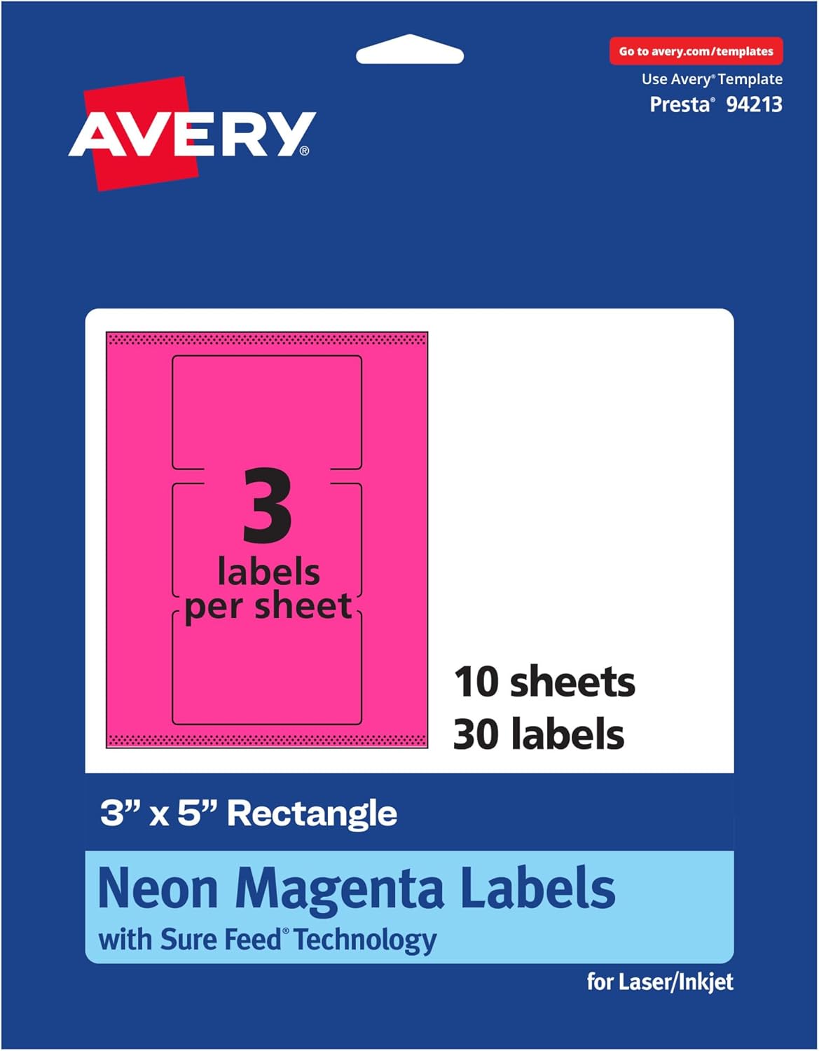 AVERY Printable Rectangle Labels, Sure Feed Technology, 3" x 5", Neon Magenta, Print-to-The-Edge, Laser/Inkjet Printable