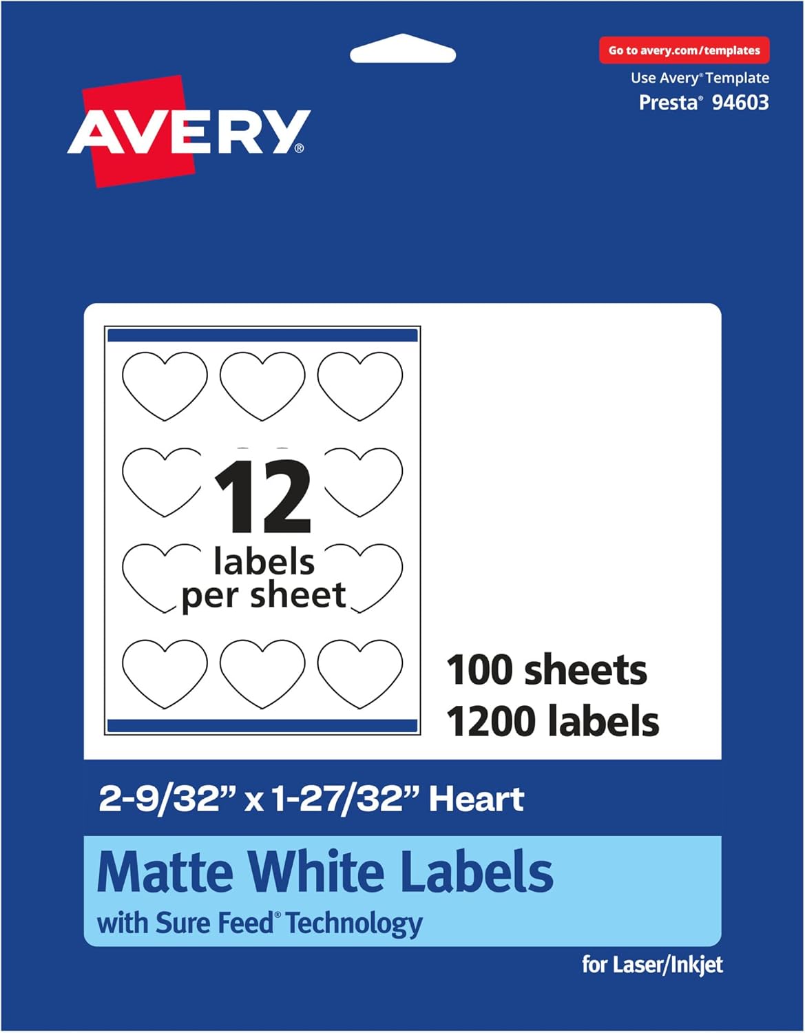AVERY Matte White Heart Labels, Sure Feed Technology, 2-9/32" x 1-27/32"