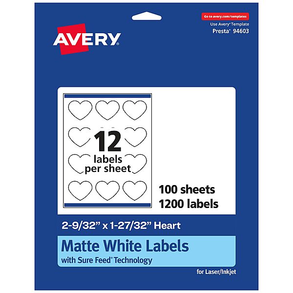 AVERY Matte White Heart Labels, Sure Feed Technology, 2-9/32" x 1-27/32"