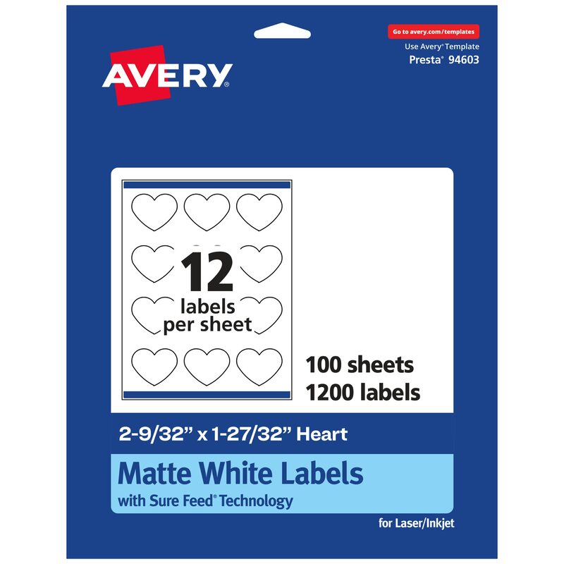 AVERY Matte White Heart Labels, Sure Feed Technology, 2-9/32" x 1-27/32"