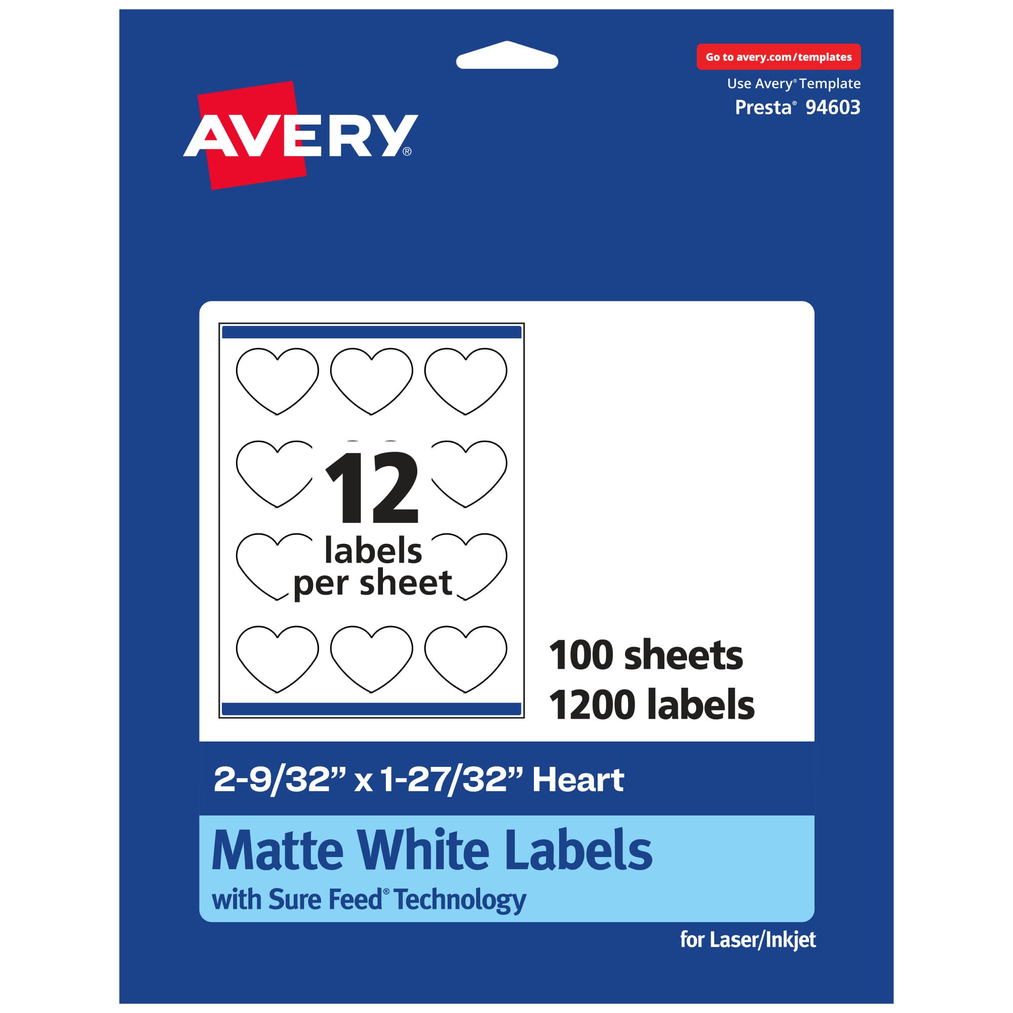 AVERY Matte White Heart Labels, Sure Feed Technology, 2-9/32" x 1-27/32"