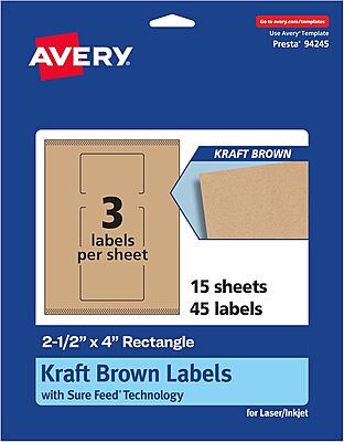 Avery Kraft Brown Rectangle Labels, Sure Feed Technology, 2.5 x 4, Print-to-The-Edge, Laser/Inkjet Printable