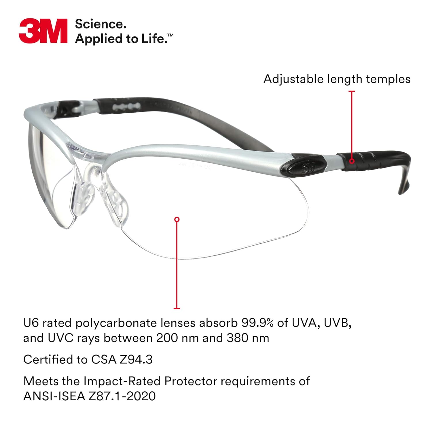 3M BX Safety Glasses, 20 Pair, ANSI Z87, Anti-Fog Anti-Scratch Clear Lens, Silver/Black Frame