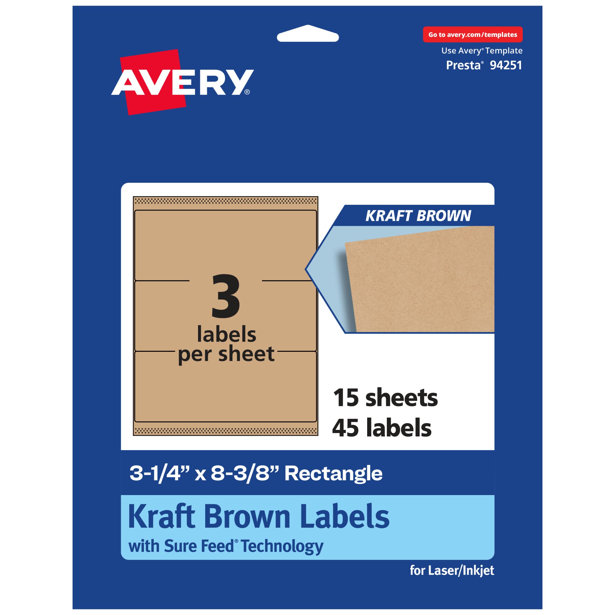 AVERY Kraft Brown Rectangle Labels, Sure Feed Technology, 3-1/4" x 8-3/8"