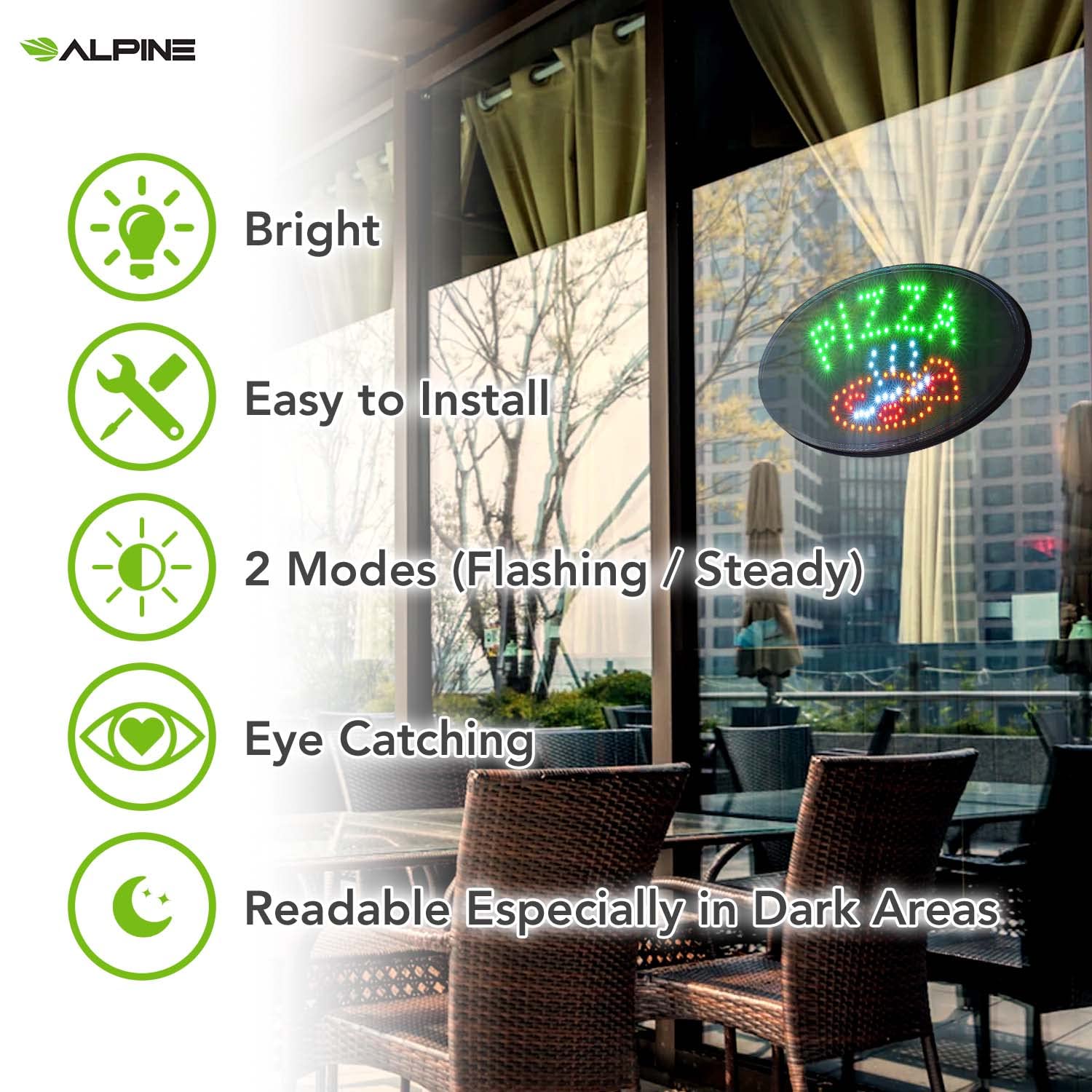 Alpine Industries LED Pizza Sign (Oval) - Commercial Grade Eye Catching Store Sign