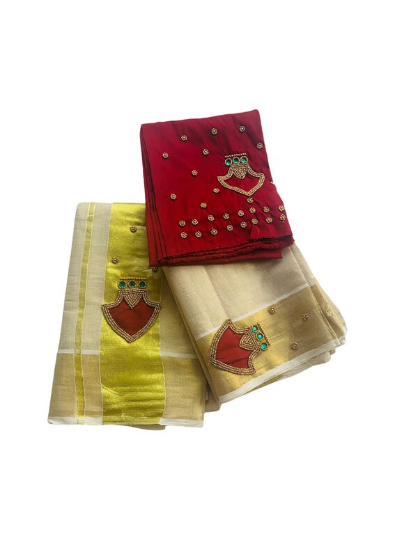 Kuthampully Kerala Kasavu Set Mundu For Women | Handcrafted Aari work Kerala Set Mundu | Tissue Onam Set Mundu With Blouse | Women's Zari Kasavu | EKM-601 (Maroon)