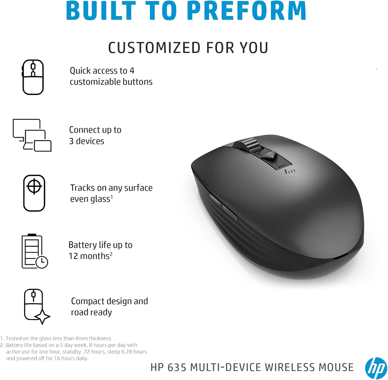 HP Wireless Multi-Device 635M Mouse - Travel Mouse - Wireless - Bluetooth - Black - USB - 4 Button(s)
