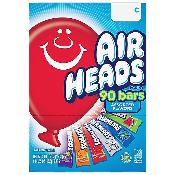 Airheads Candy Bars, Variety Bulk Box, Chewy Full Size Fruit Taffy, Back to School, Halloween, Non Melting, Concessions, Parties, 90 Individually Wrapped Full Size Bars (Packaging May Vary)