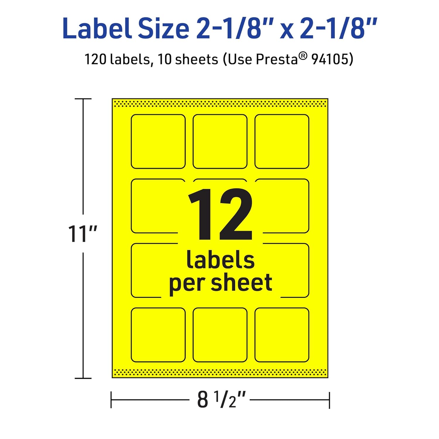 Avery Printable Square Labels, Sure Feed Technology, 2-1/8" x 2-1/8", Neon Yellow Labels, Print-to-The-Edge