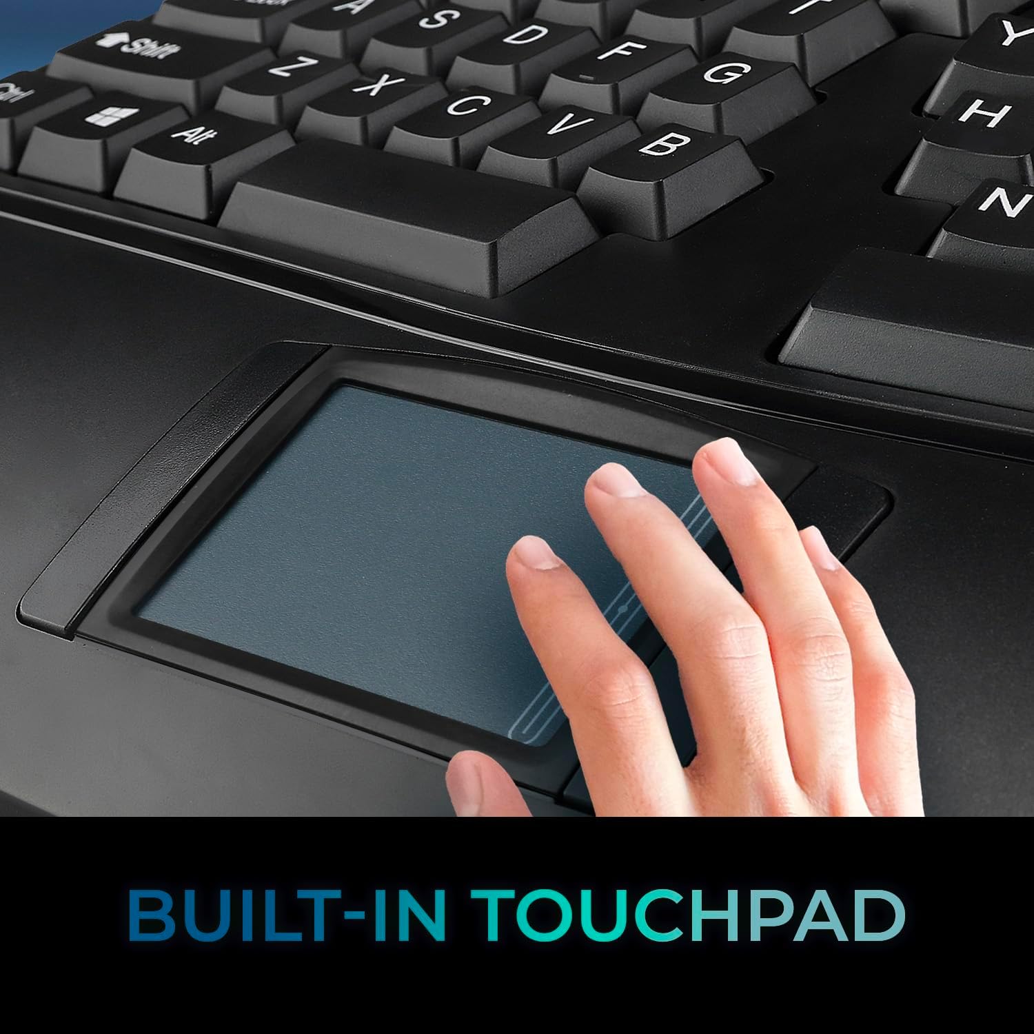 WKB-4500UB - Wireless Ergonomic Desktop Touchpad Keyboard, Split Keys Design, Palm Rest, Media Control Hotkeys