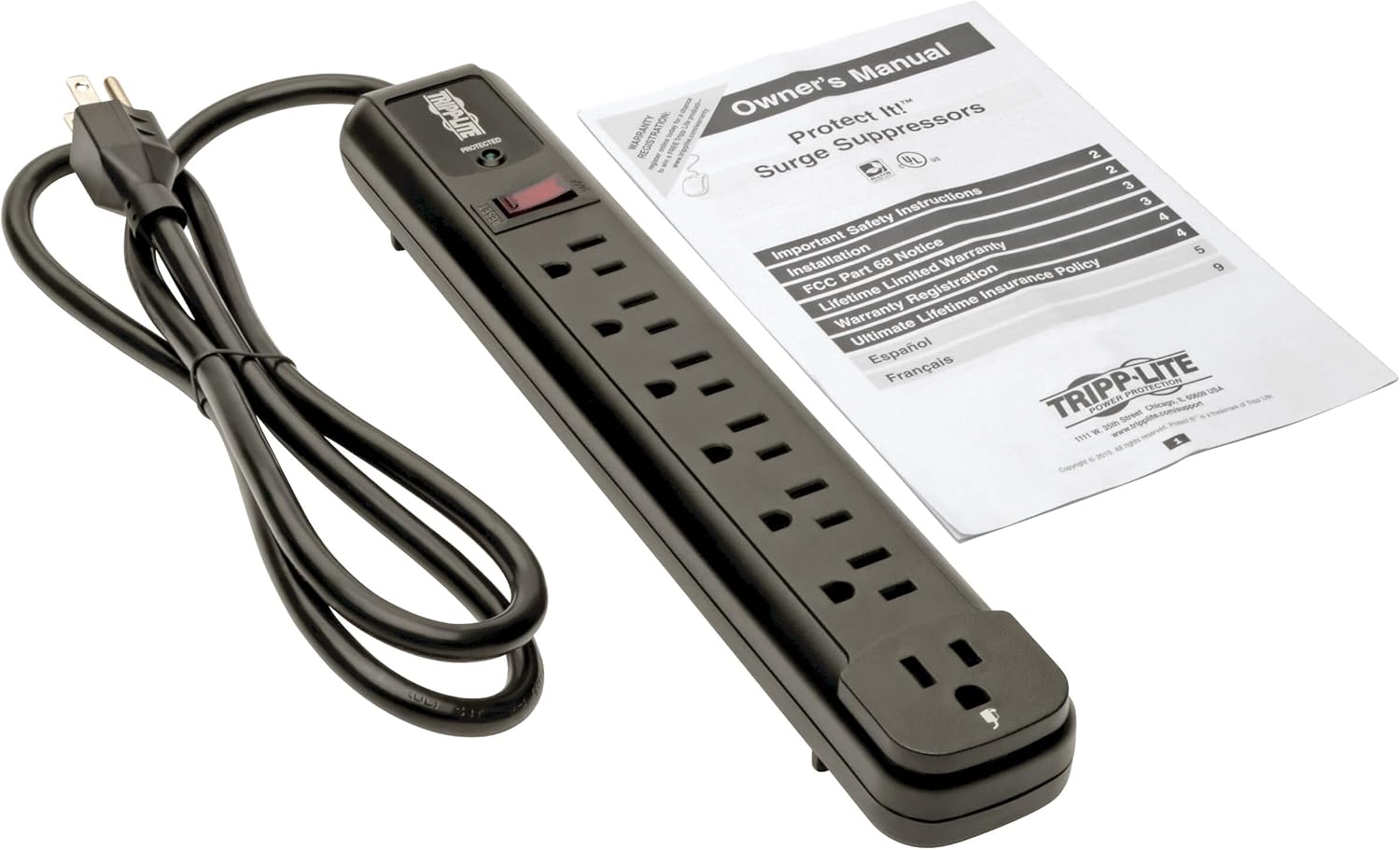 TRIPP LITE 7-Outlet Surge Protector Power Strip (6 Right-Angle + 1 Transformer), 4 ft Cord