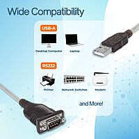 Manhattan USB to RS232 Serial Adapter Converter – Long 18 Inch Cable Cord, 24 AWG - Connects Serial Device to a USB Port