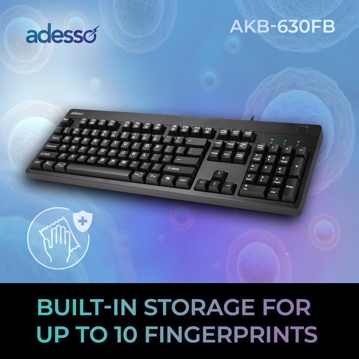 Adesso TAA Compliant Fingerprint Keyboard with AES 256 Encryption USB Wired Full Size 104 Key Layout Windows Hello