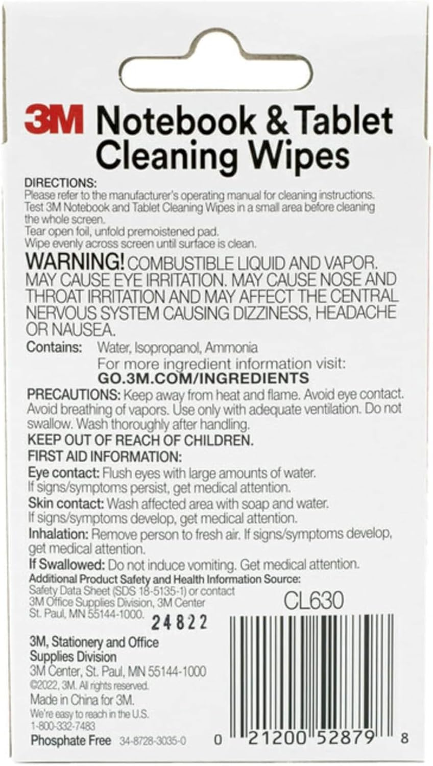 3M Notebook Screen Cleaning Wipes, 3.9 x 6.9 Inches (CL630), White, 24 individual wet wipes (Packaging may vary)