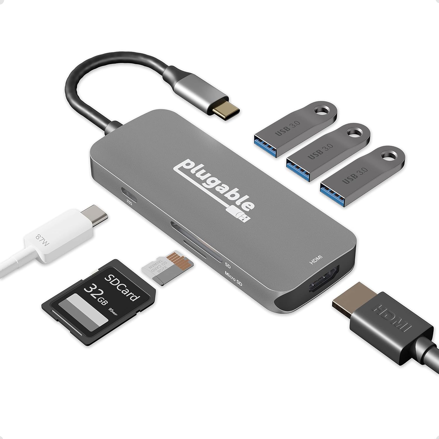 Plugable USB-C Hub 7-in-1, Driverless USB C Hub Compatible with Mac, Windows, Chromebook, USB4, Thunderbolt 4