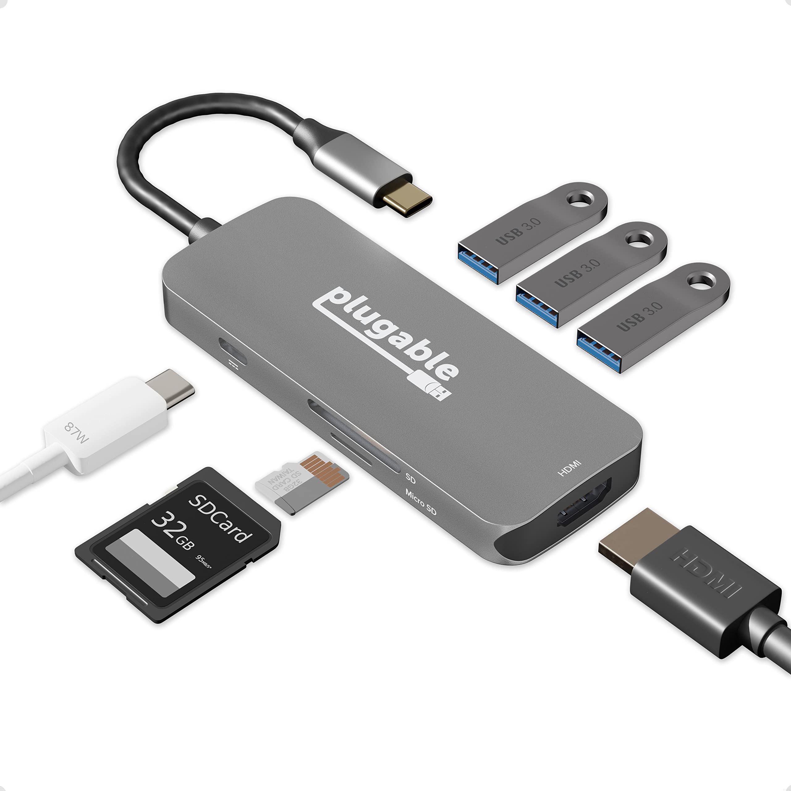 Plugable USB-C Hub 7-in-1, Driverless USB C Hub Compatible with Mac, Windows, Chromebook, USB4, Thunderbolt 4