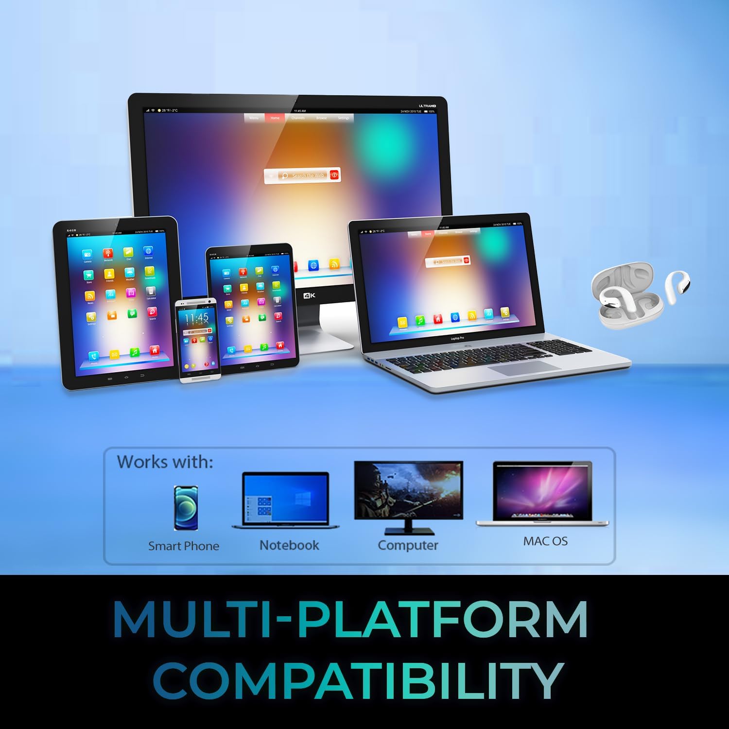 ADESSO Xtream T6 Open-Ear Bluetooth Earbuds with Touch Screen Charging Case