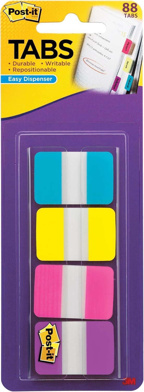 Post-it Tabs, 1 in. x 1.5 in., 1 Pack, 88 Tabs/Pack, Assorted Colors, Back to School Supplies for Students