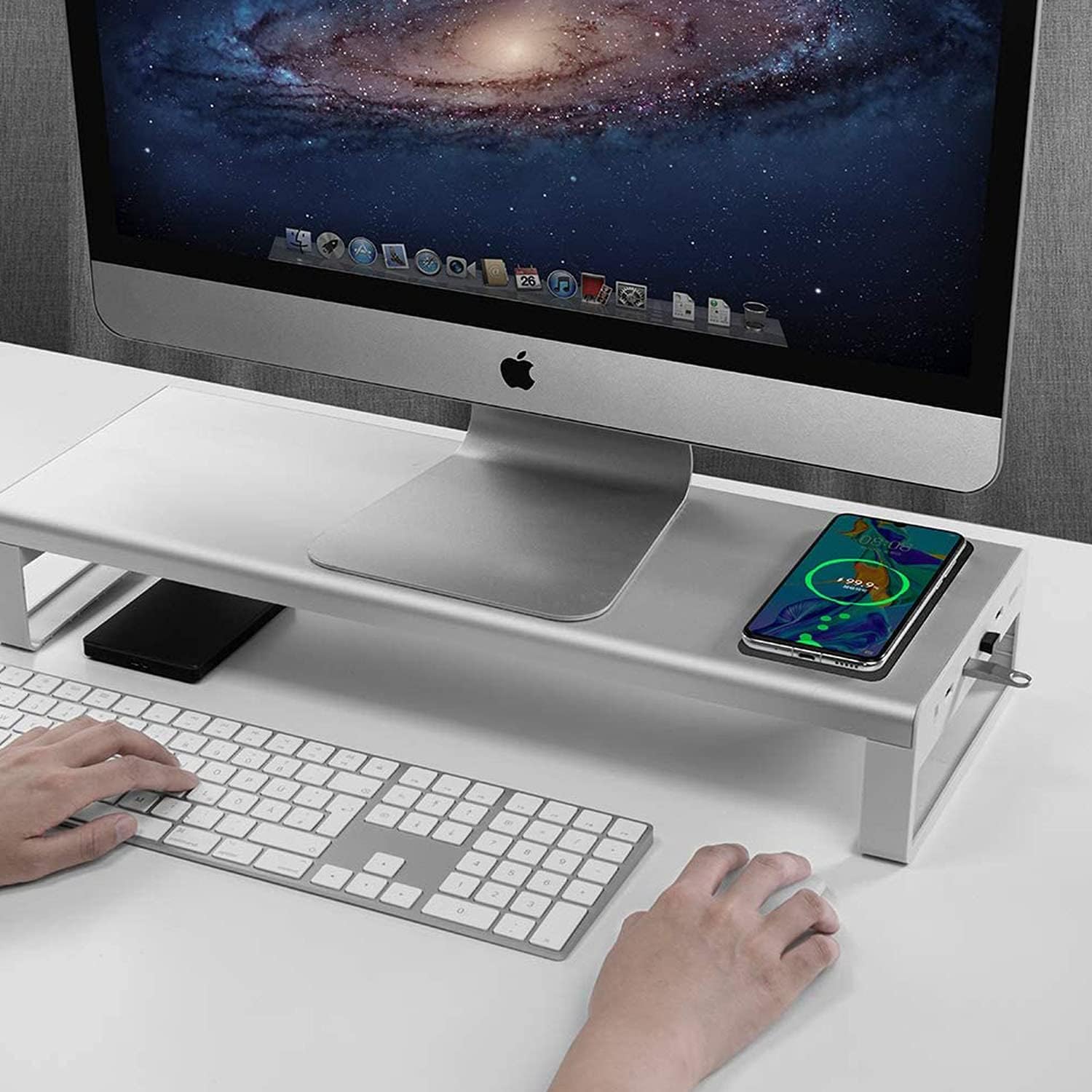 OTM Essentials Slim Aluminum Monitor Stand, Desk Riser with Non-Slip Padding and Tilted Surface, Versatile Home Office Essentials, Equipped with 4 USB Ports Desktop Monitor