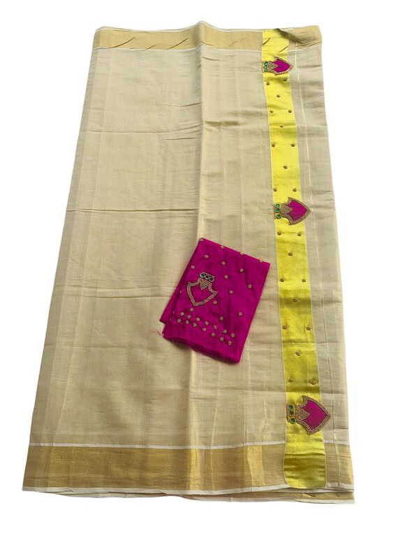 Kuthampully Kerala Sarees For Womens | Handcrafted Palakka Saree | Traditional Printed Saree For Women | Kerala Tissue Saree With Running Blouse | South Indian Zari Kasavu | KTM-599, (Pink)