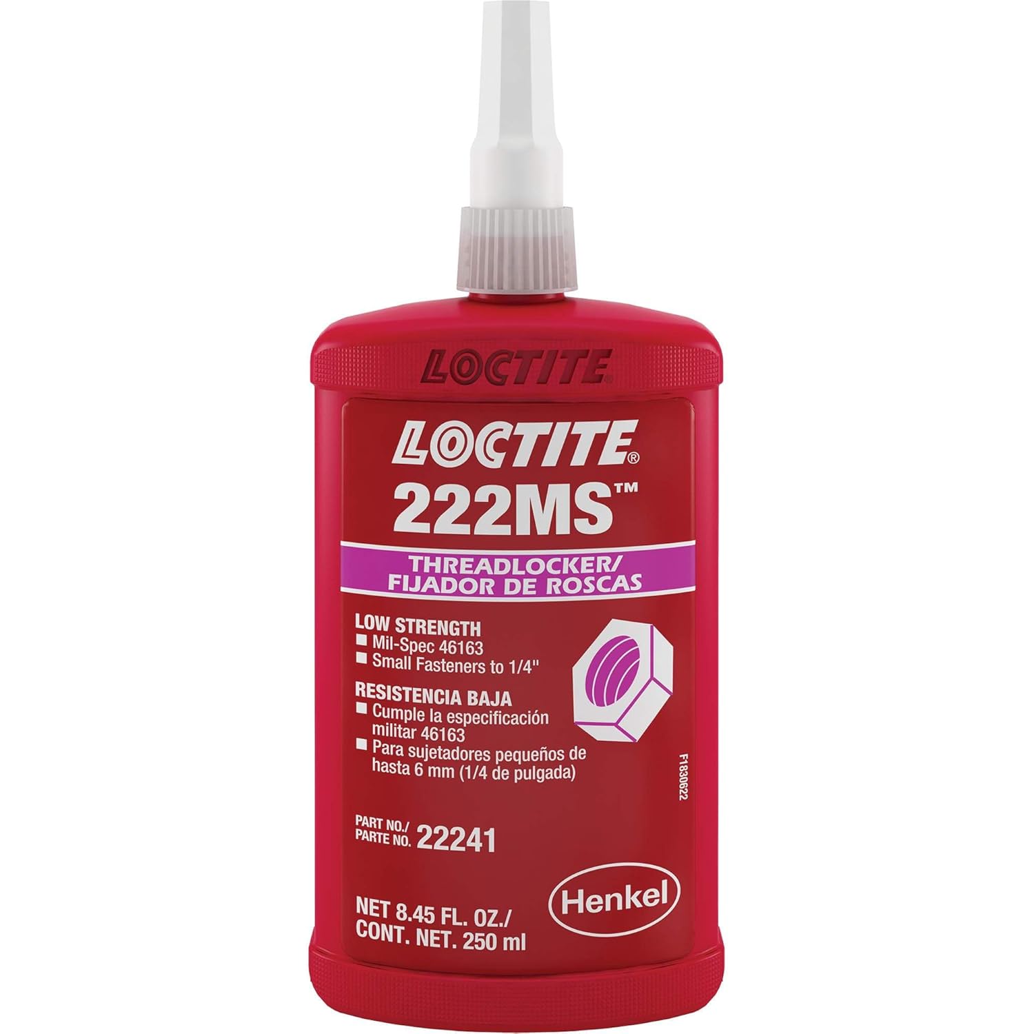 Loctite 22241 Purple 222MS Low Strength Threadlocker, 300 Degree F Maximum Temperature, 250 mL Bottle