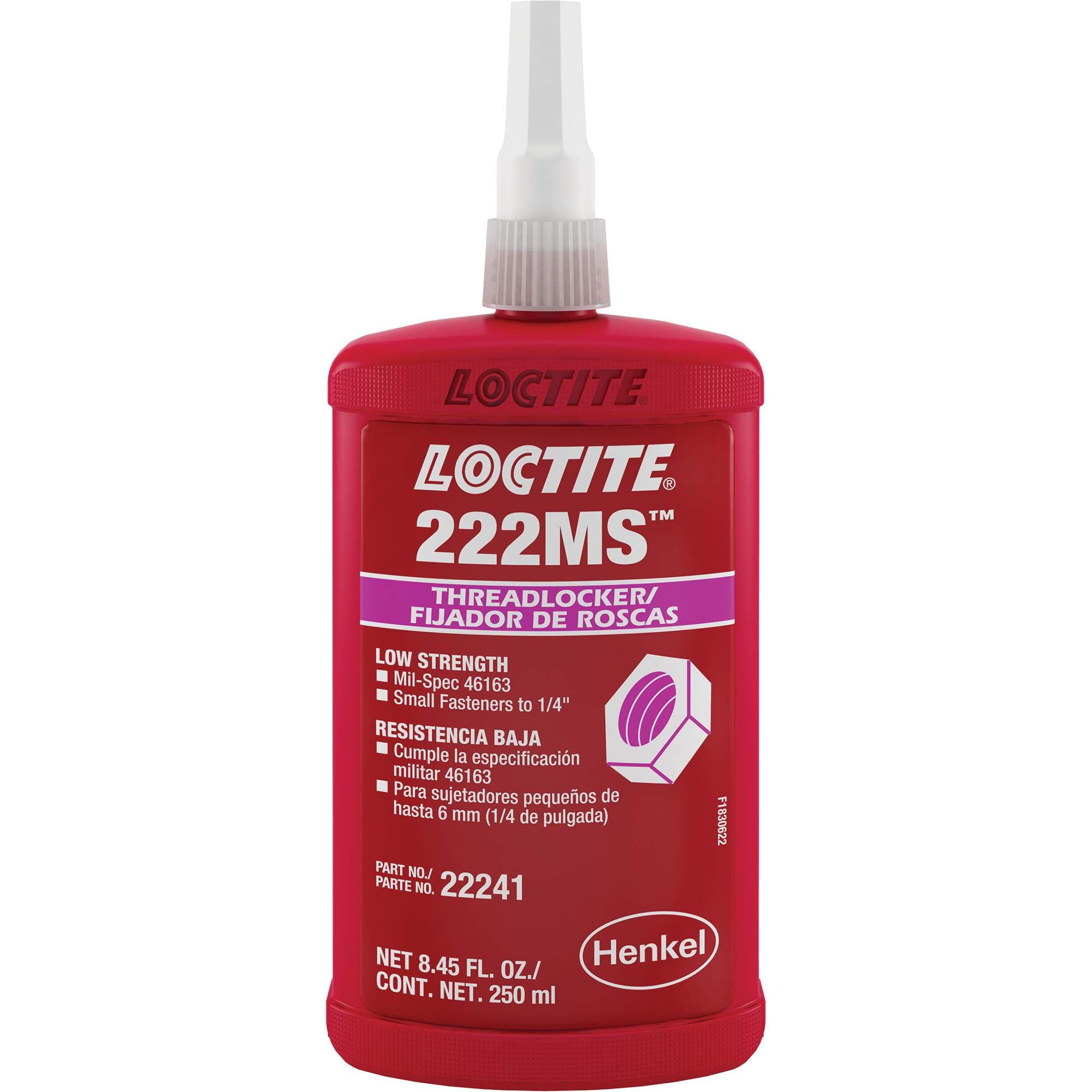 Loctite 22241 Purple 222MS Low Strength Threadlocker, 300 Degree F Maximum Temperature, 250 mL Bottle