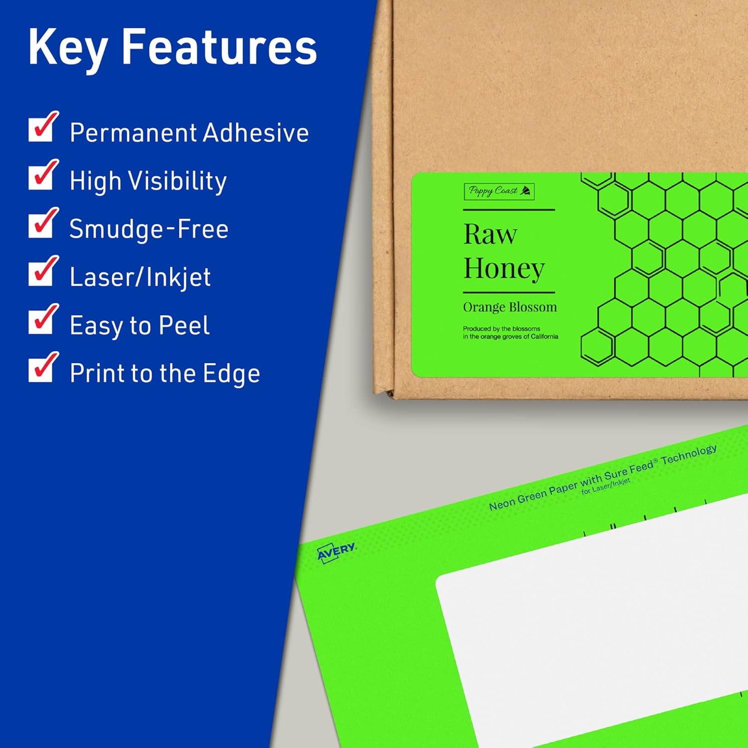 Avery Printable Neon Green Rectangle Labels, Sure Feed Technology, 2.5 x 4