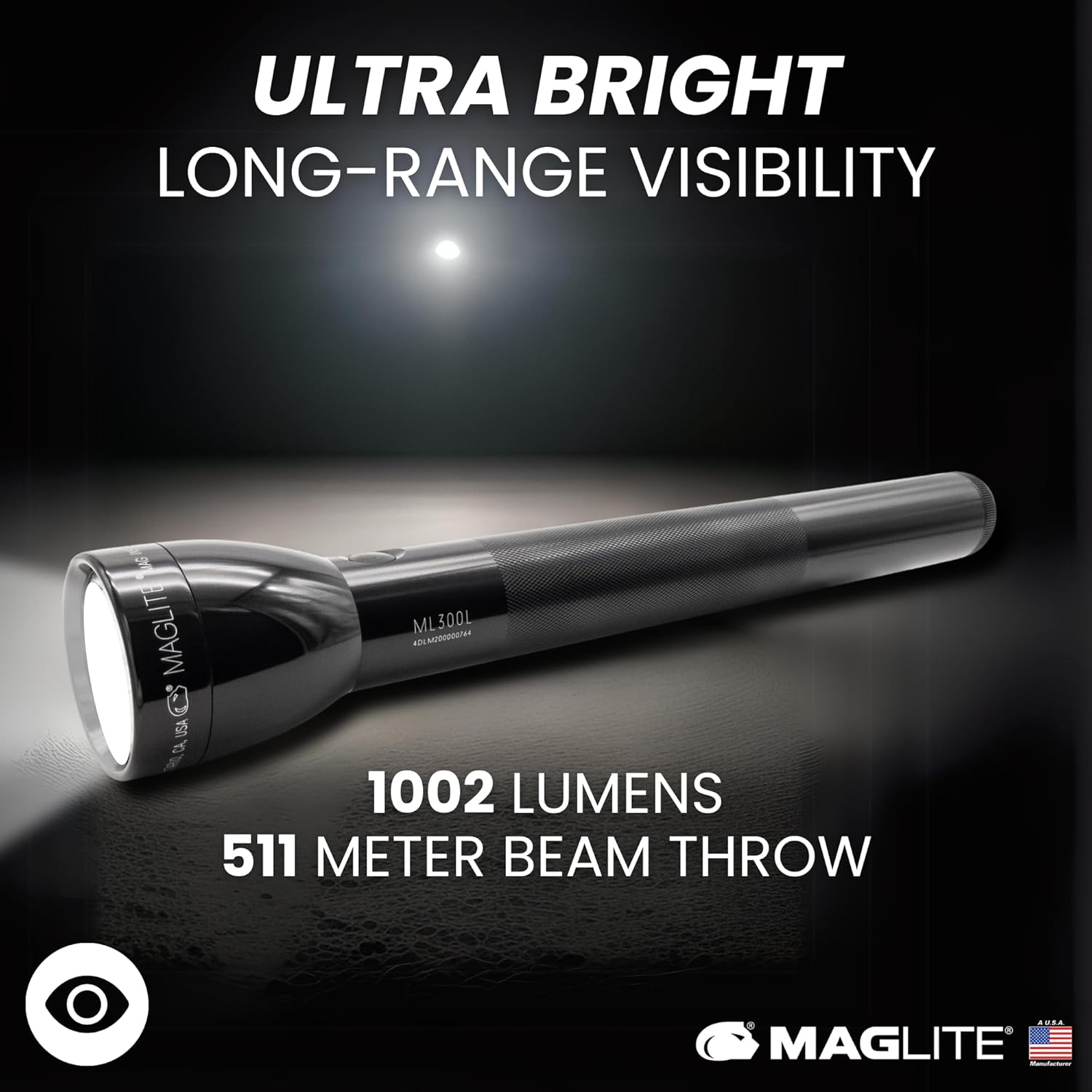 MagLite ML300L 4D LED Flashlight – 1002 Lumens, Long Runtime, Adjustable Beam, Water-Resistant, Aluminum Body – Black