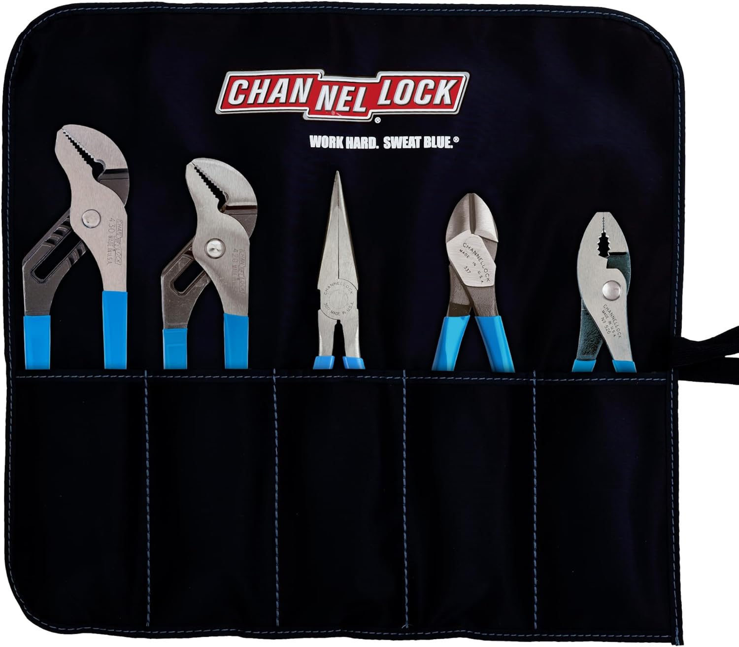 Channellock TOOL ROLL-3 5 Piece Pliers Set|Fast Release Handy Vinyl Pouch Features Long Nose,Diagonal Cutter,Slip Joint
