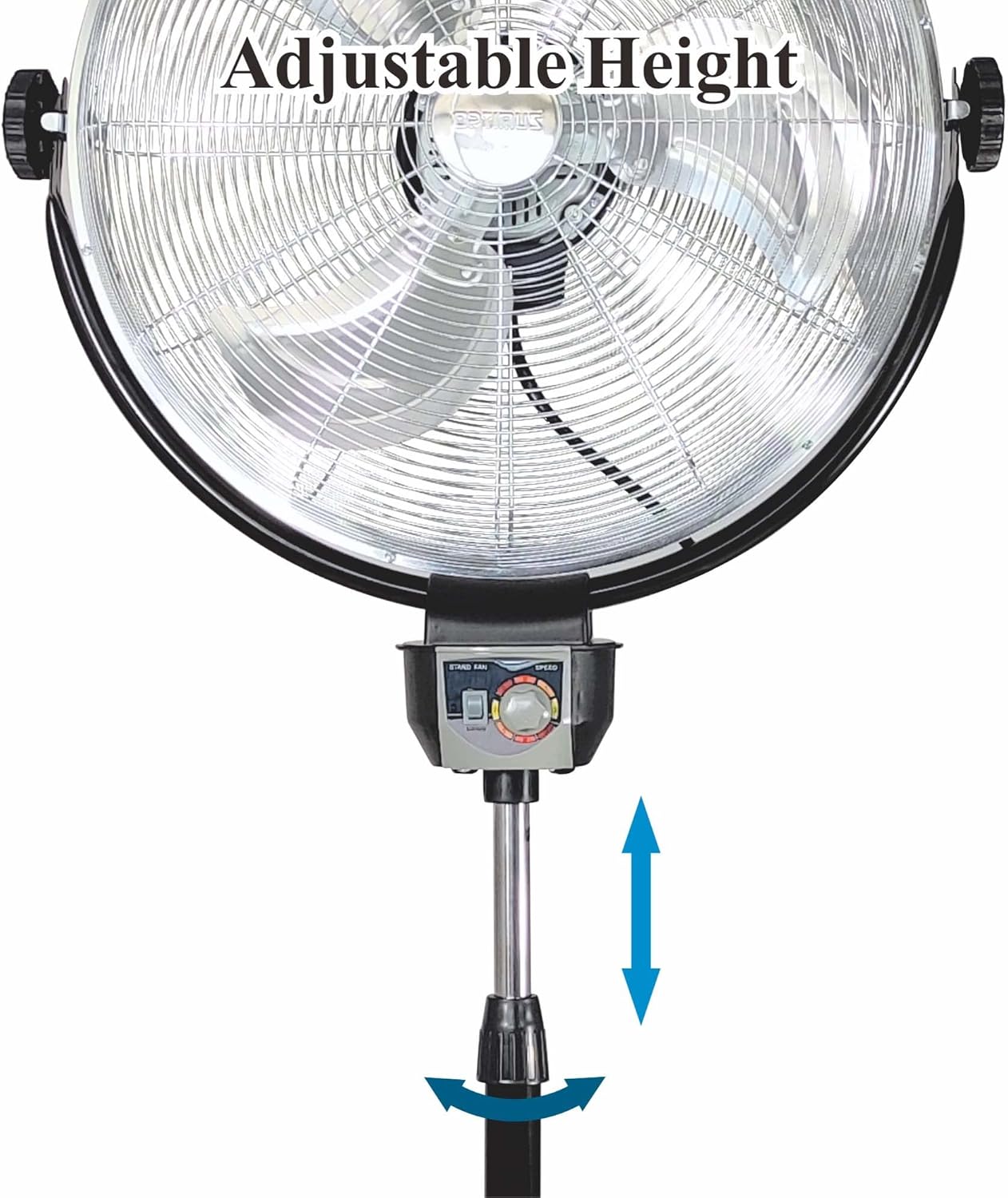 Optimus 20in Adjustable Industrial-Grade HV Oscillating Stand Fan With Chrome Grill, 30in x 24in, Black