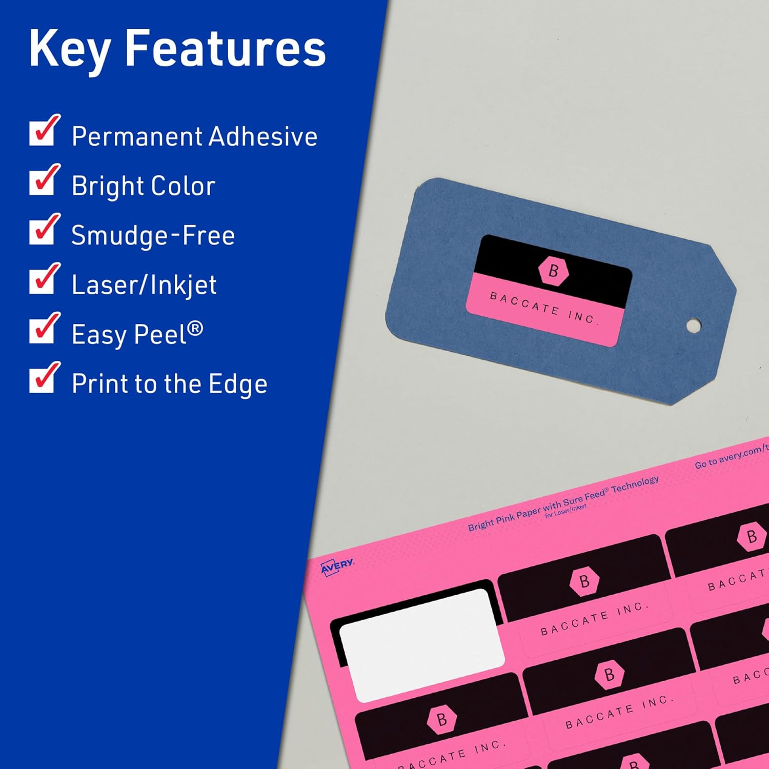 AVERY Printable Rectangle Labels, Sure Feed Technology, 1-13/16" x 2-3/16", Bright Pink, Print-to-The-Edge