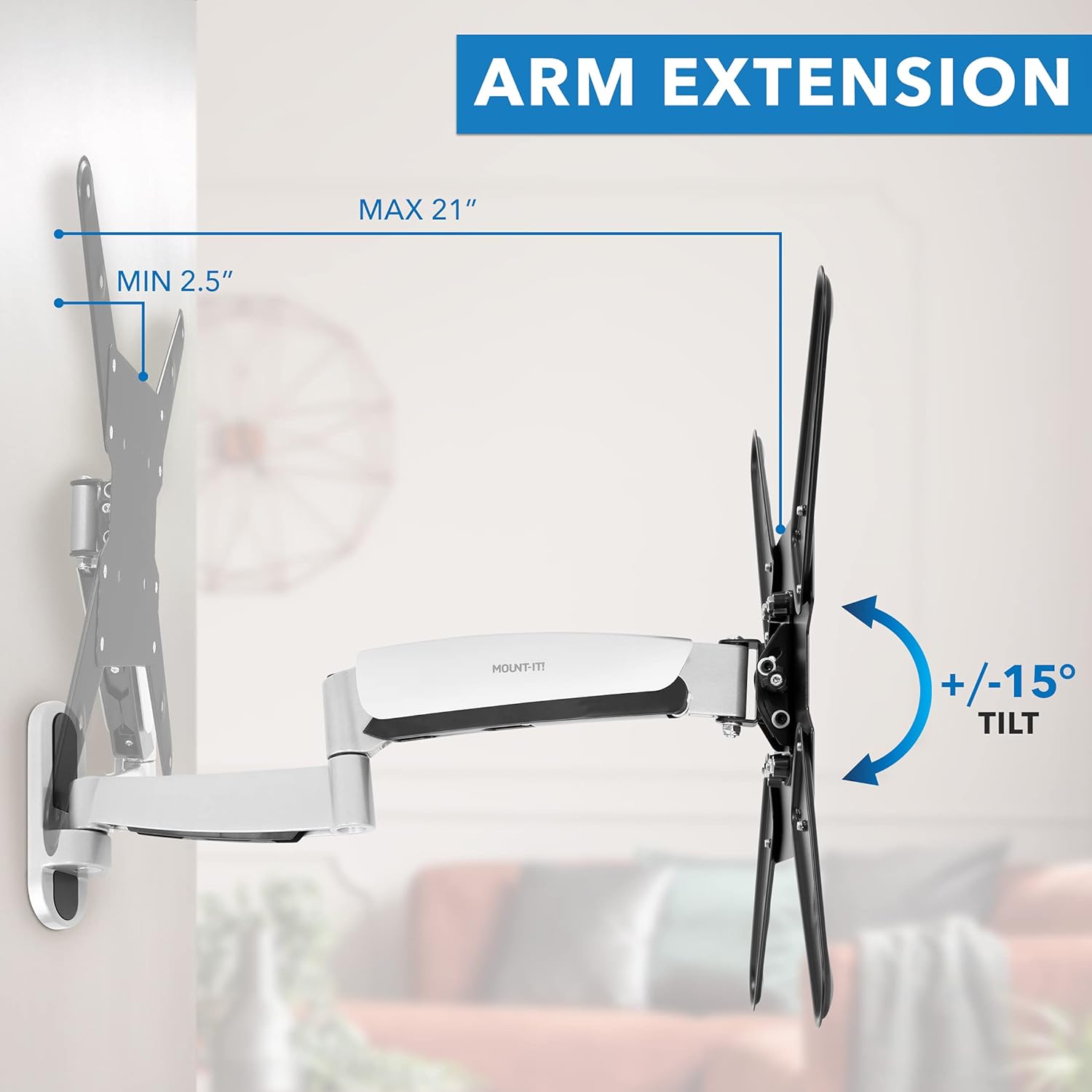 Mount-It! Height Adjustable TV Wall Mount Bracket with Counterbalance Gas Spring Arm - Full Motion Articulating Design Fits Flat Screens Displays Up to VESA 400x400 mm and 44 Lbs - Silver