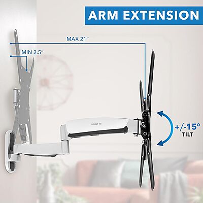 Mount-It! Height Adjustable TV Wall Mount Bracket with Counterbalance Gas Spring Arm - Full Motion Articulating Design Fits Flat Screens Displays Up to VESA 400x400 mm and 44 Lbs - Silver