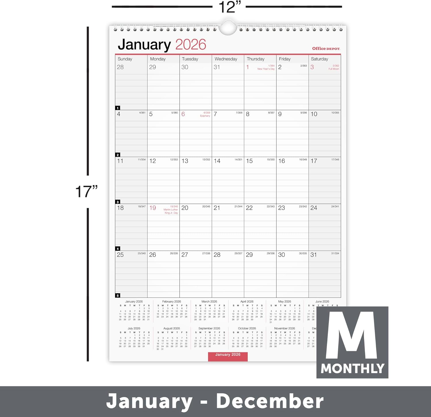 Office Depot Brand Monthly Wall Calendar, 12" x 17", White, January 2026 to December 2026, OD30162826