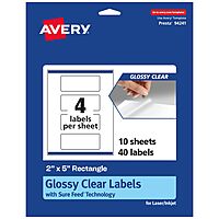Avery Glossy Clear Rectangle Labels, Sure Feed Technology, 2" x 5", 40 Glossy Clear Labels, Print-to-The-Edge, Laser/Inkjet Printable 40 labels