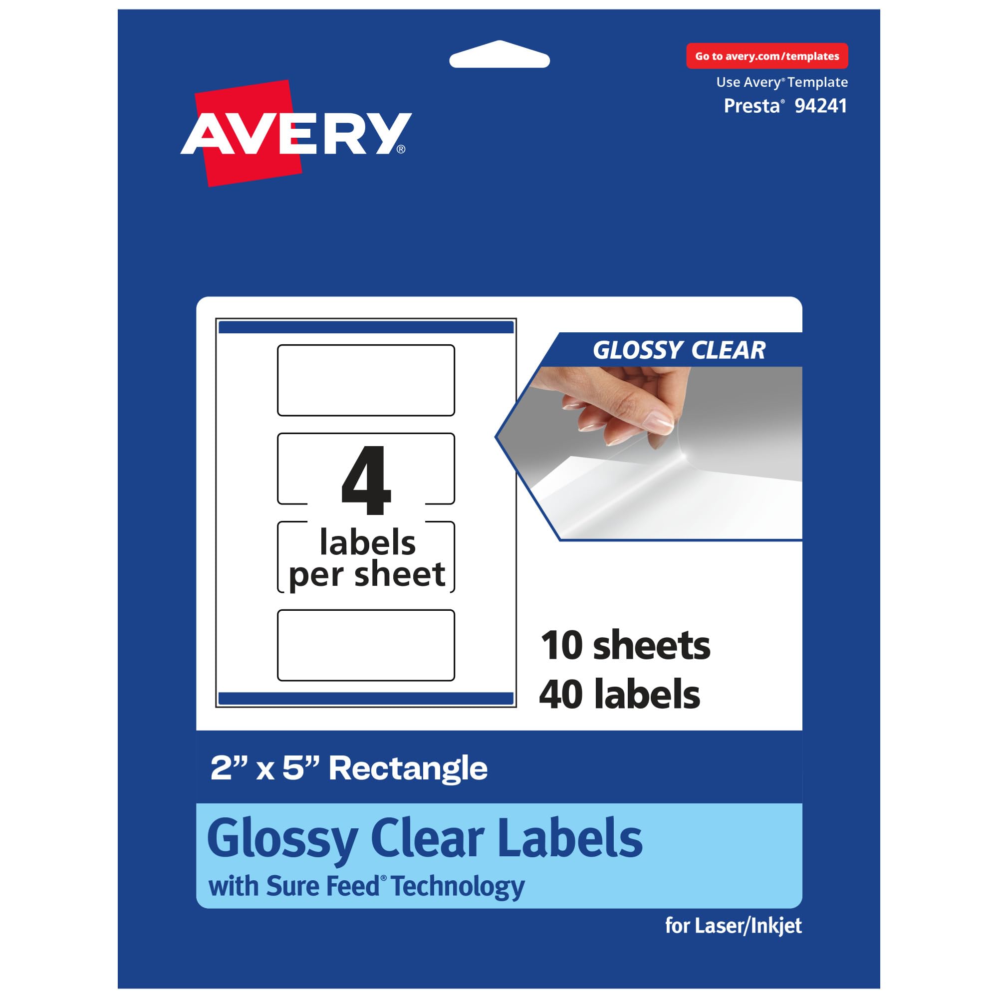 Avery Glossy Clear Rectangle Labels, Sure Feed Technology, 2" x 5", 40 Glossy Clear Labels, Print-to-The-Edge