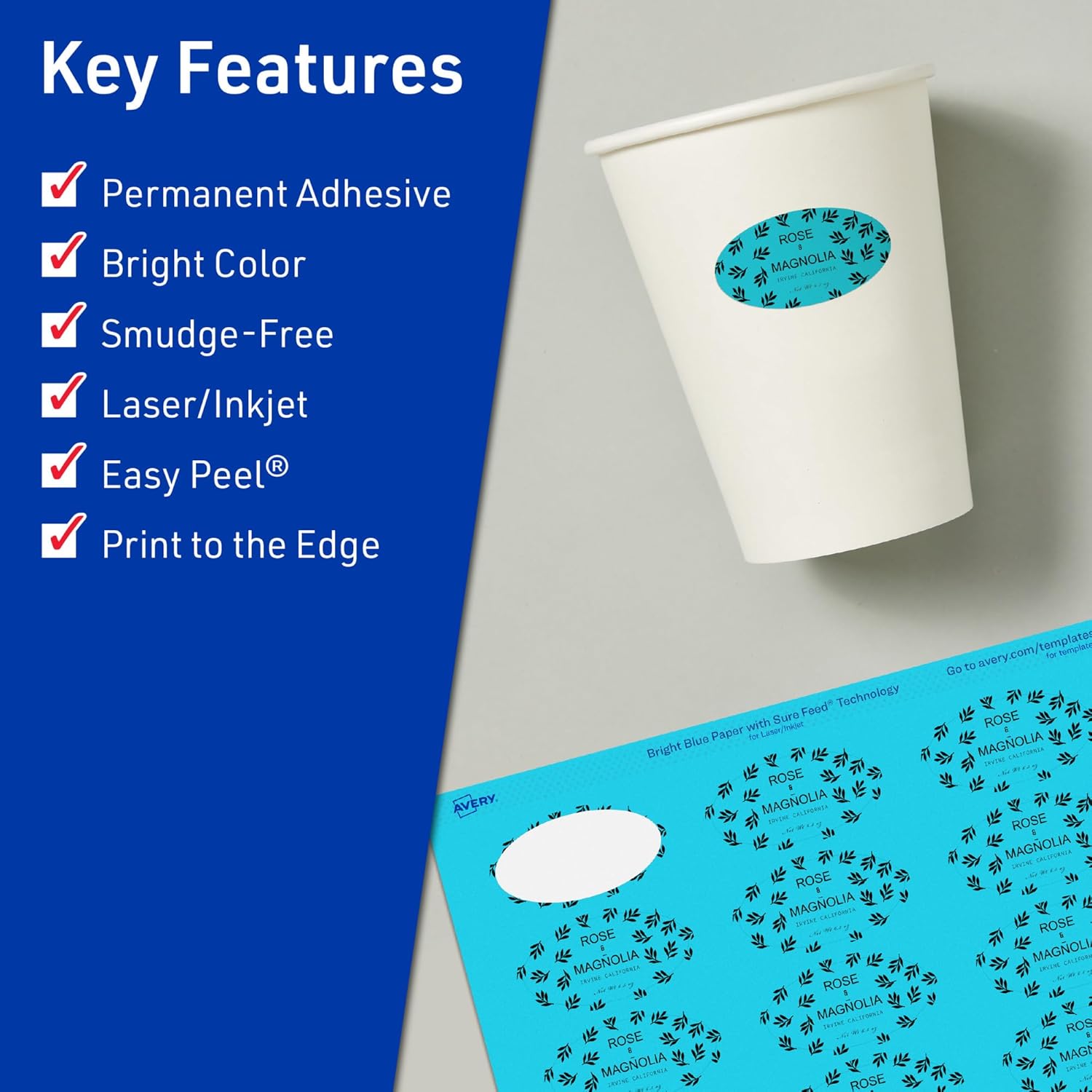 Avery Printable Oval Labels, Sure Feed Technology, 1-1/8" x 2-1/4", Bright Blue Labels, Print-to-The-Edge