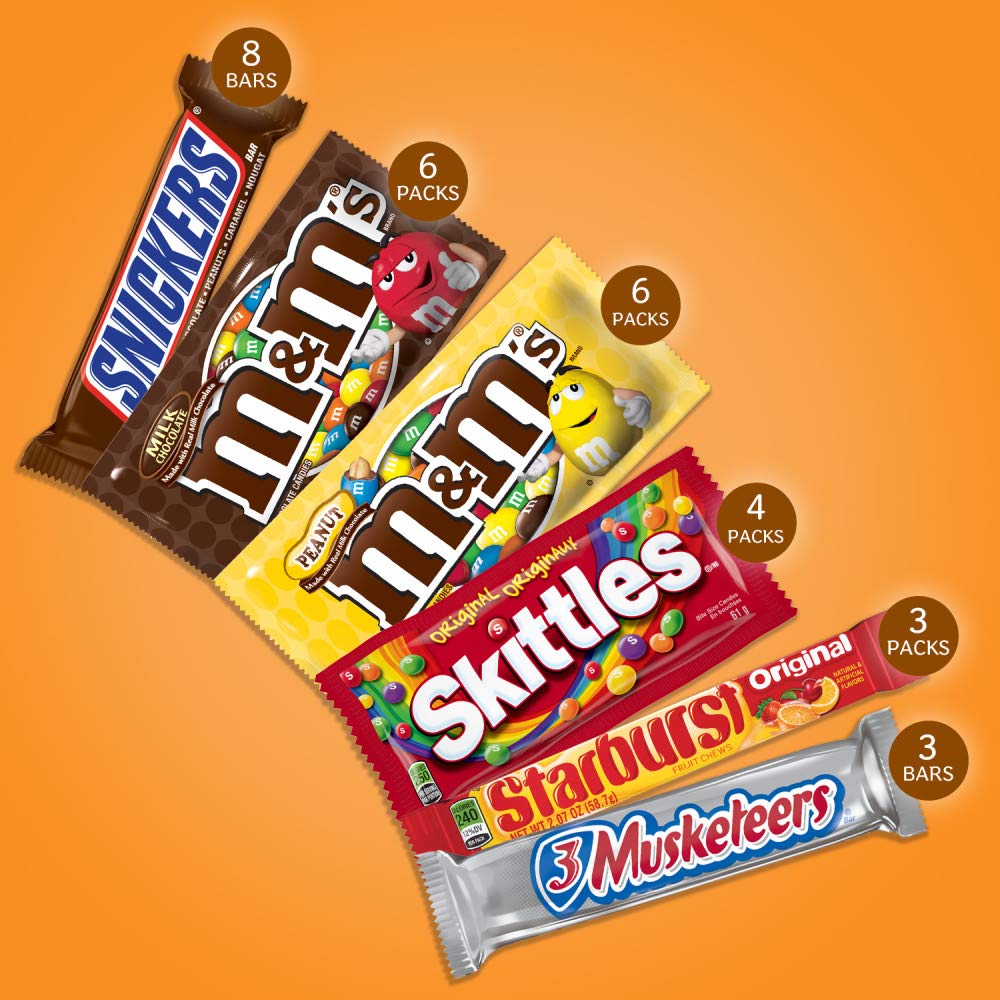 Mars M&M'S, SNICKERS, 3 MUSKETEERS, SKITTLES & STARBURST Variety Pack Full Size Bulk Candy Assortment, 56.11 oz