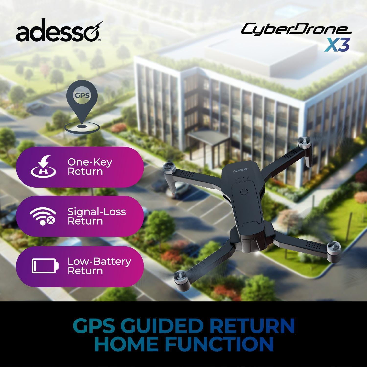 Adesso CyberDrone X3 2K FPV Camera Drone GPS WiFi 300 Meter Range Dual Control Lightweight Quadcopter with Gimbal and Remote