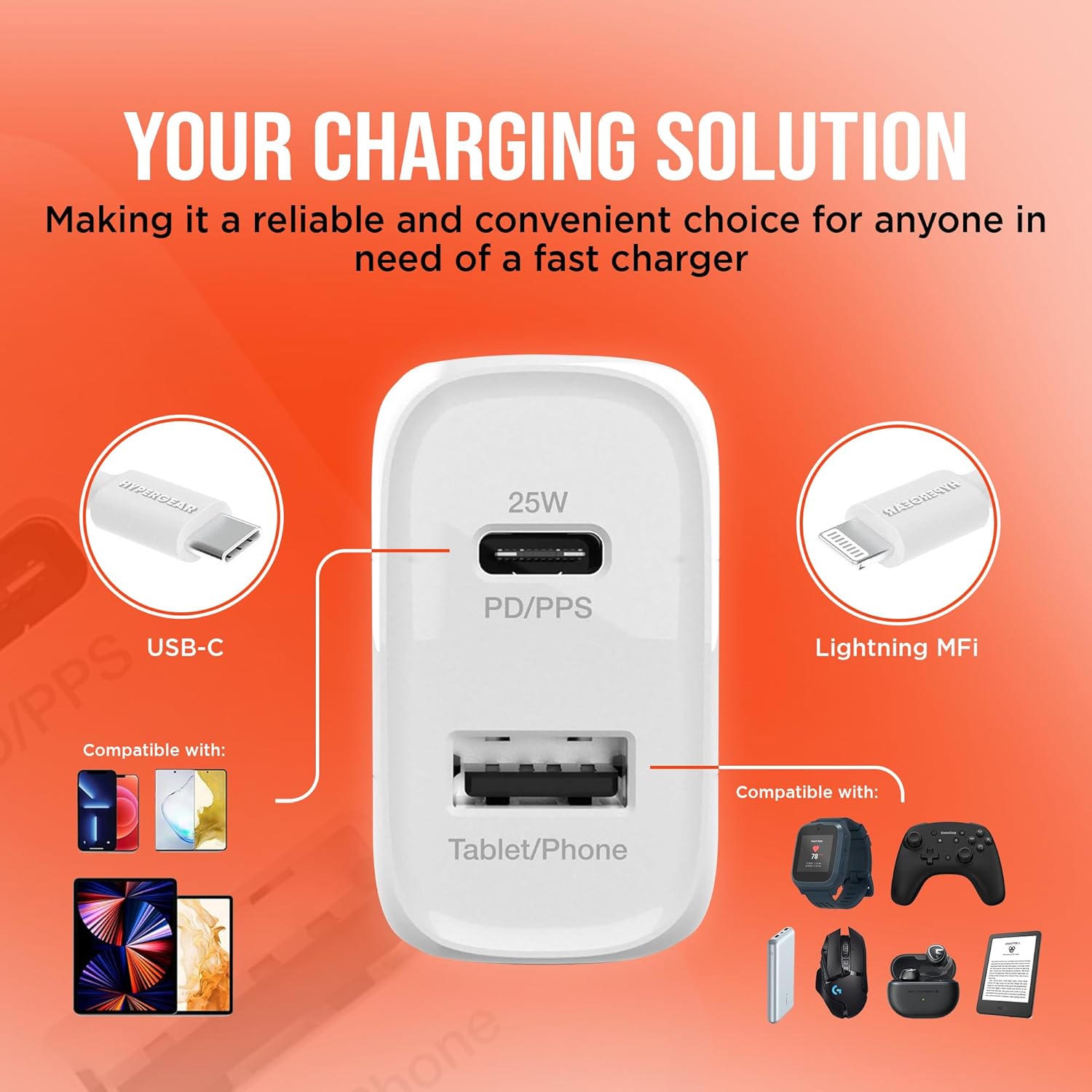 HyperGear USB-C Wall Charger Block - 25W & 12W USB-C to Lightning MFi Certified Cable Dual Port, USB Fast Charger