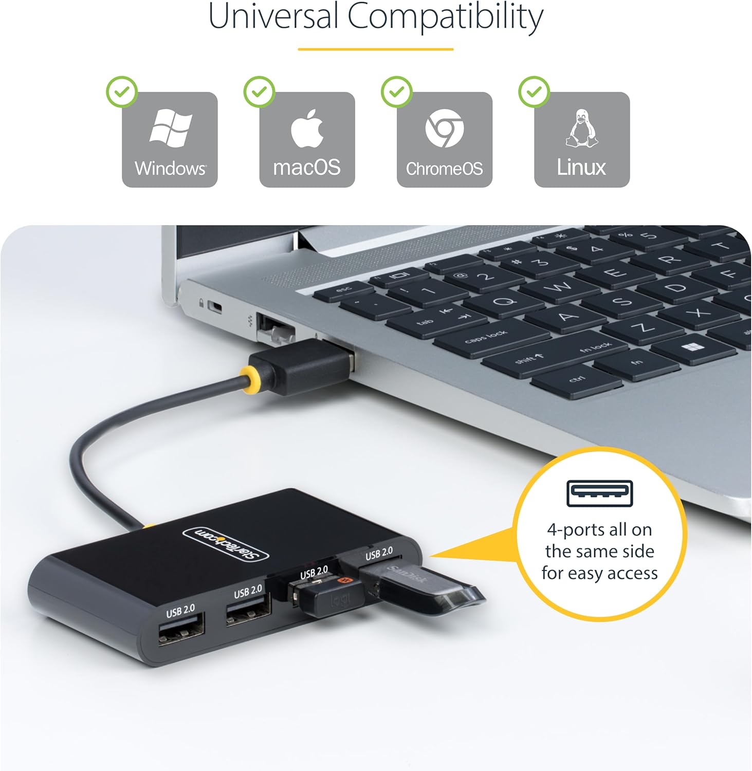 StarTech.com 4-Port USB 2.0 Hub, USB Bus Powered, Small Travel Mini USB Hub, Multi-Port USB 2.0 Splitter, Portable USB Hub